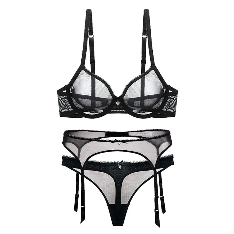 black with thongs Varsbaby женские сексуальные прозрачные без подкладки нижнее белье на косточках наборы бюстгальтеров 3 шт./лот - Цвет: black with thongs
