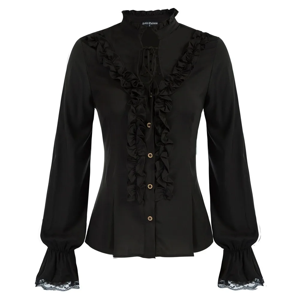 Женская готическая рубашка с оборками длинным рукавом и воротником-стойкой |