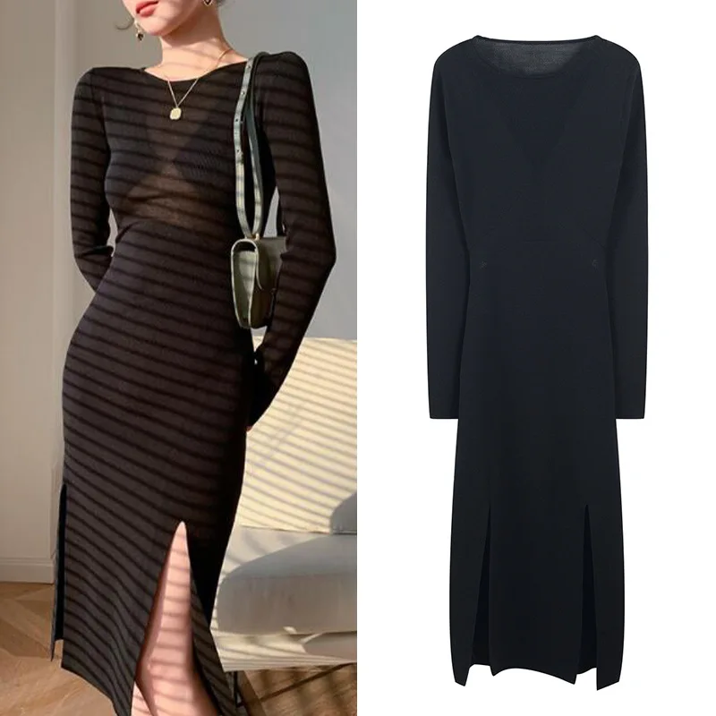 

2021; Сезон весна-осень; Трикотажное платье-свитер для детей женское черное прозрачное с О-образным вырезом подол Разделение одежды с длинным ...