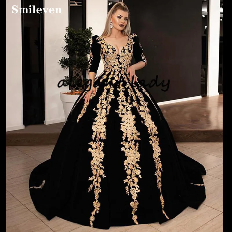 

Smileven Caftan karakou algerien Formal Evening Dress Ball Gowns 3/4 Long Sleeve Velvet Appliques Occasion Evening Prom Gown