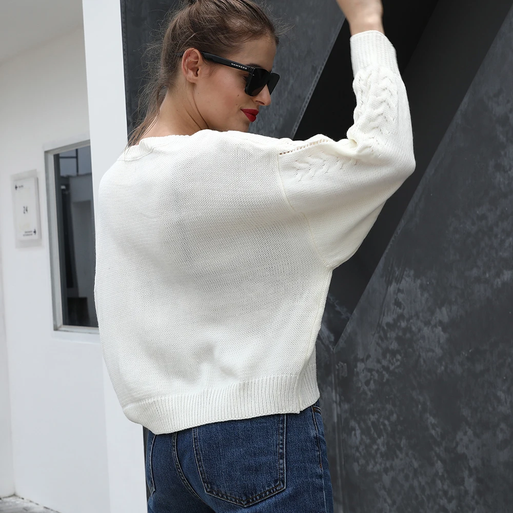 Women Knitted White Sweaters Casual Long Sleeve Twist Pullover Sweater Solid Loose Jumpers Knitwear Fashion Fall Winter Clothes | Женская