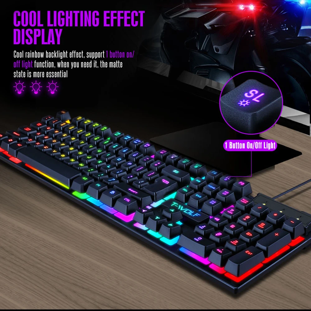 

T-WOLF T20 Wired Keyboard Mini Portable USB 104 Keys LED Backlight Mechanical Gaming Keypad For Computer Laptop Home Office