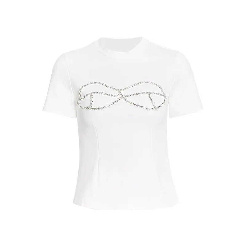 

Short sleeve summer new 2021 round neck slim fit solid color set with Rhinestone personalized collage sleeve comfortable short