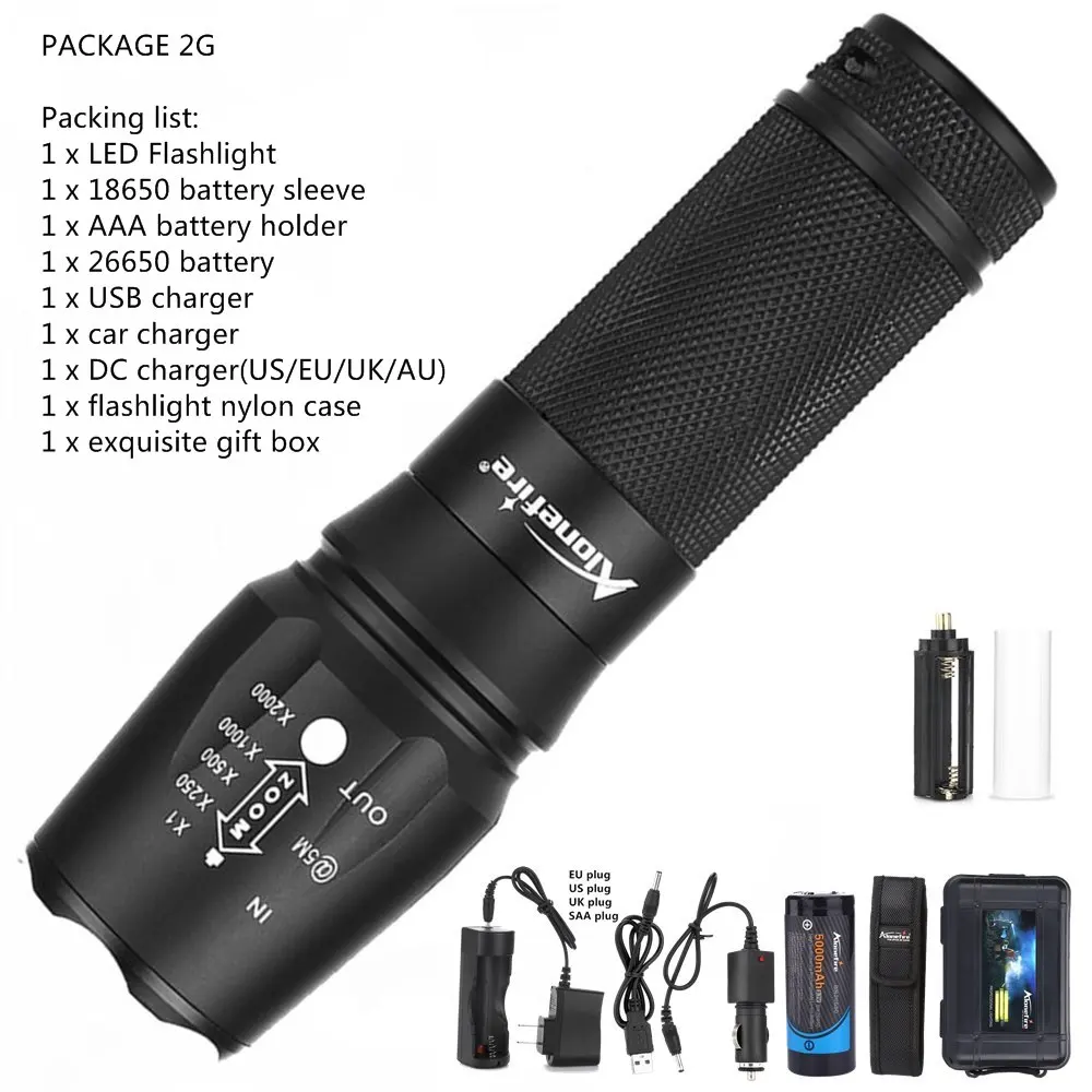 X800 flashlight 2G AloneFire Flash светильник X800 Cree XM-L T6 L2 U3 v6 светодиодный фонарь с зумом для рыбалки, путешествий, кемпинга, Точечный светильник фонарь AAA 18650 26650 батарея - Испускаемый цвет: X800 flashlight 2G