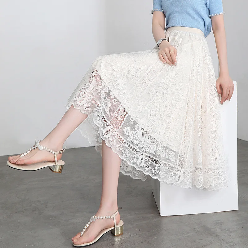 

Кружевная юбка для женщин, Новинка лета 2021, шифоновая плиссированная юбка средней длины с эластичной завышенной талией, плиссированная юбк...