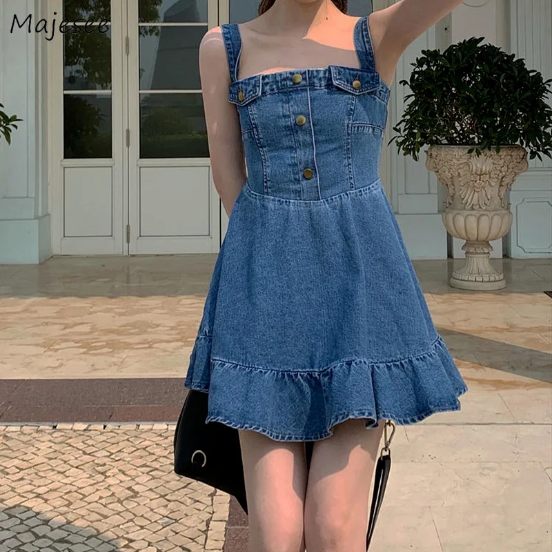 

Dress Women Cool French Style Fit and Flare Elegant Sexy Buttons Straps Sundress Denim Street Club All-match Retro Ladies Teen