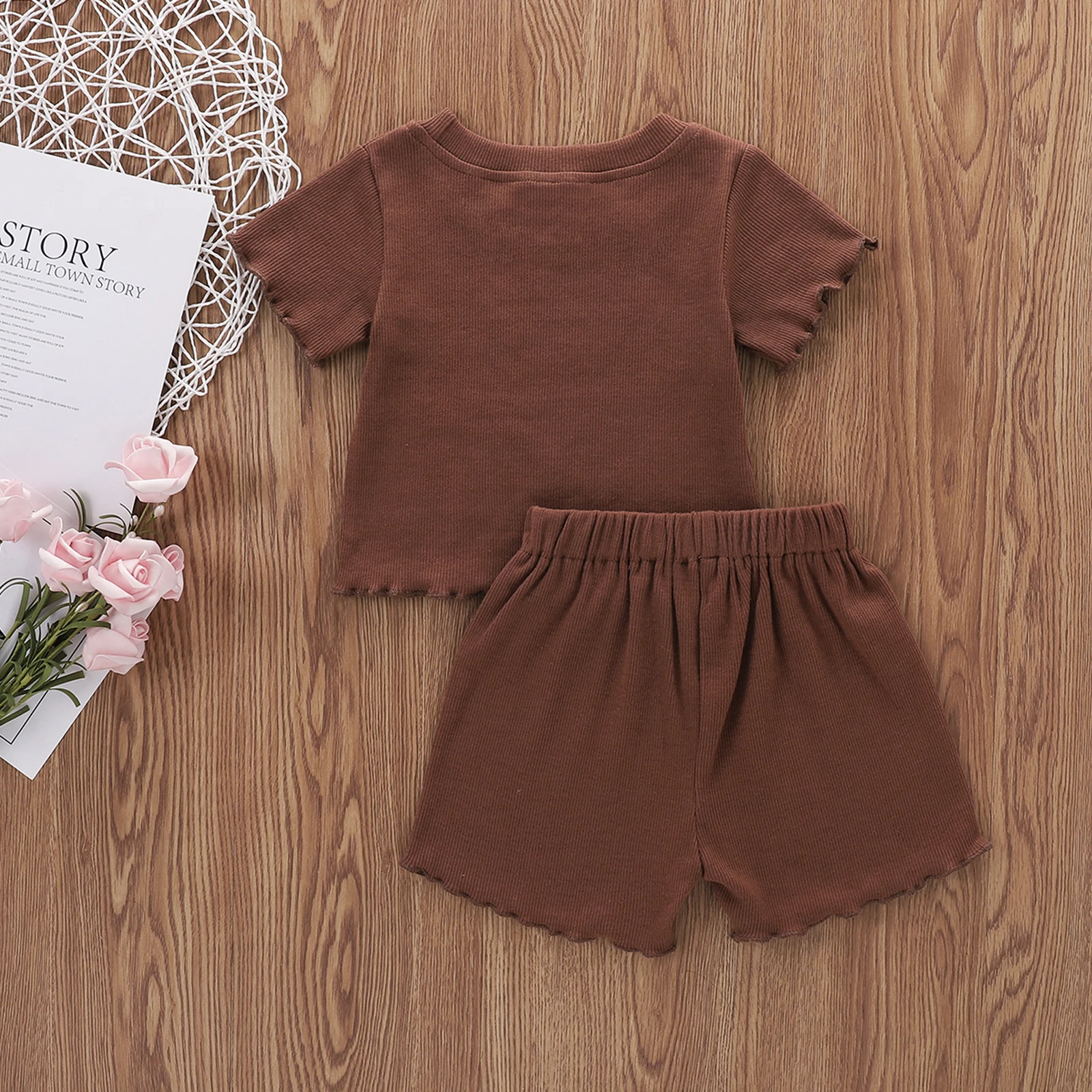 

2020 New 12M-5Y Toddler Baby Girl Summer 2Pcs Set Ruffled Short Sleeve Solid Color Ribbed Cotton Top+Shorts Outfits 3 Colors