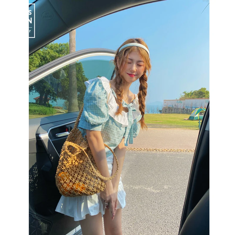 

Hong Kong Style Suit Women's Retro Chic Salt Sweet Two-Piece Bow Plaid Shirt Fishtail Pleated Skirt