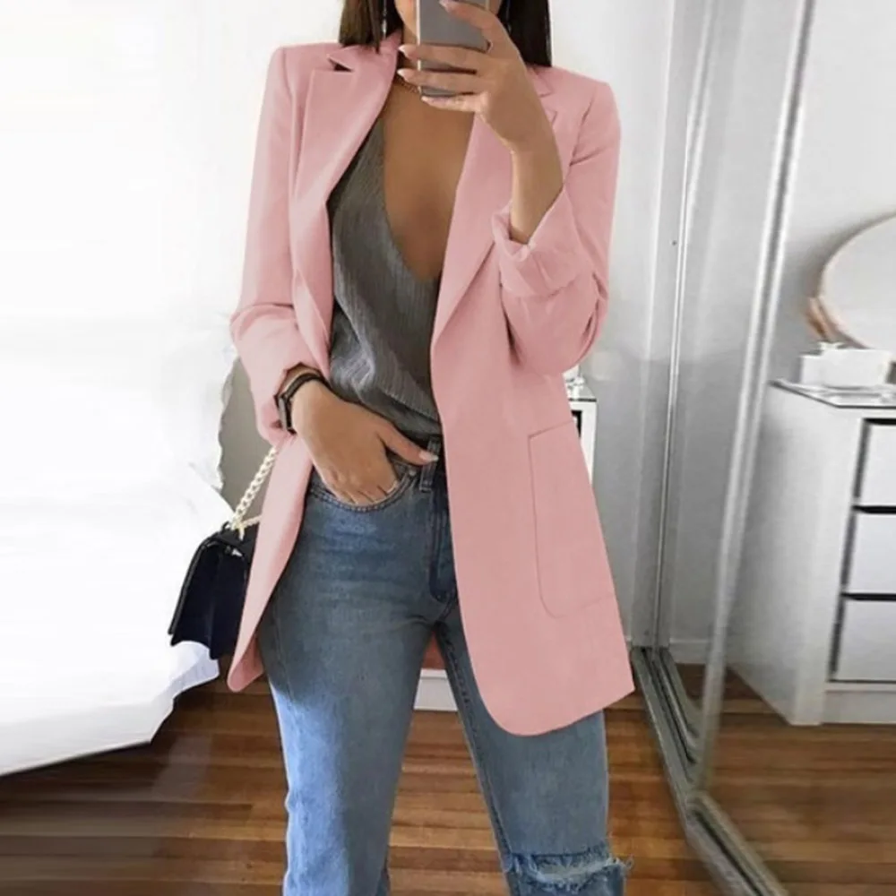 Весенний тренч для женщин длинный рукав однотонный простой с отворотом обычный