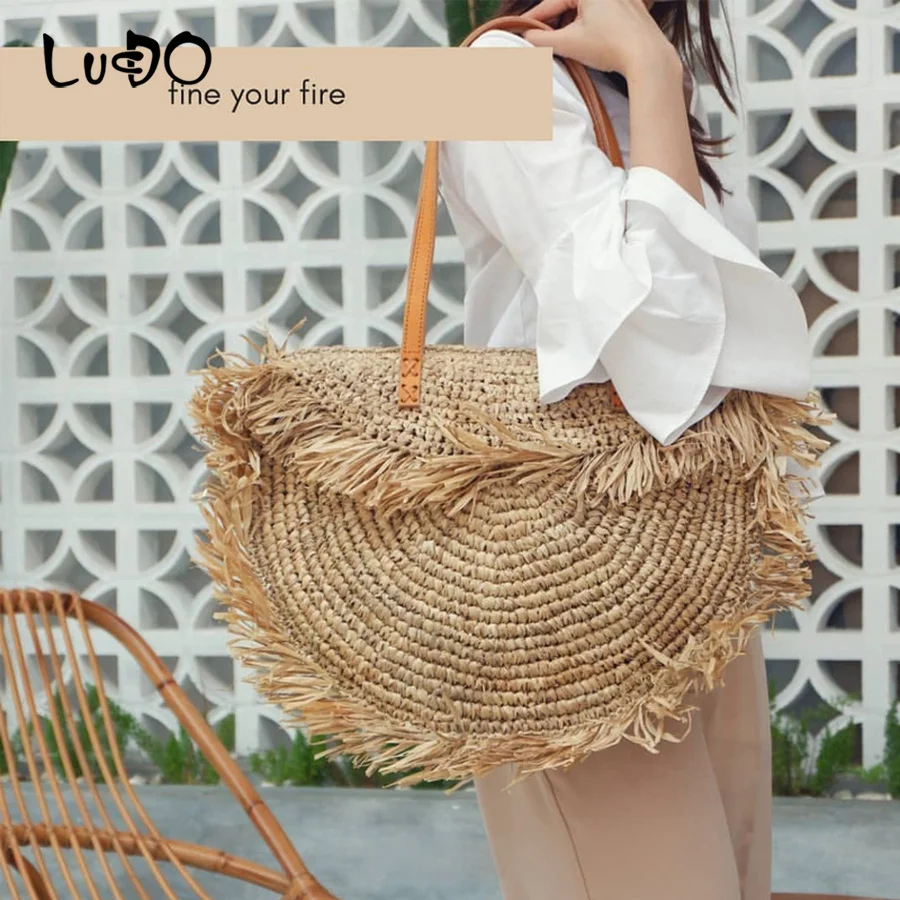 

Fashion Round Bohemian Tassel Women luxury Handbags Casual Spike Paper Rattan Shoulder messager Bags Summer Beach Woven bags