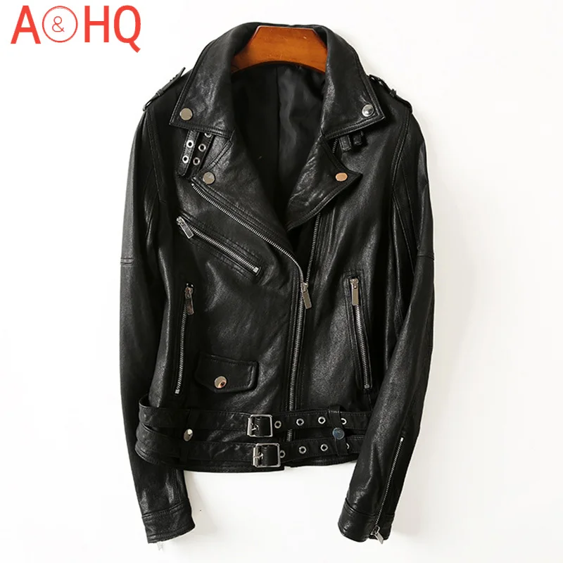 

2021 Vintage Lambskin Real Leather Motorcycle Jacket Women Streetwear Biker Short Slim Genuine Leather Coat With Belt Outwear