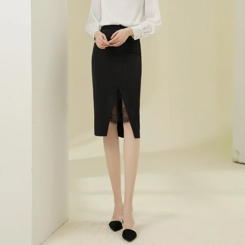 

2021 spring new light mature women's dress bag hip skirt solid color high waist show thin fashion split lace women woman sexy