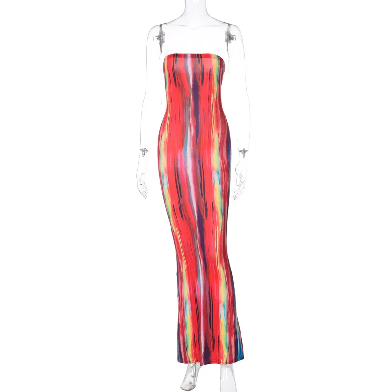 

Women Sheath Elastic Long Dress Strapless Sleeveless Print for Sexy Office Lady Empire Floor-length Maxi Dresses Summer