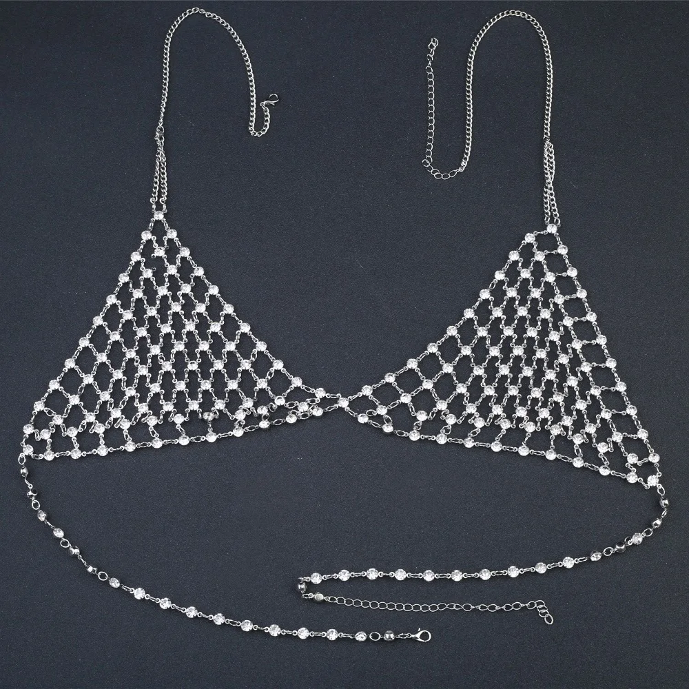 

Geometric Fishnet And rhinestones Handmade Bra Body Chain Sexy Exaggerated Personality Chest Chain Bikini Bra Body Jewelry Heart