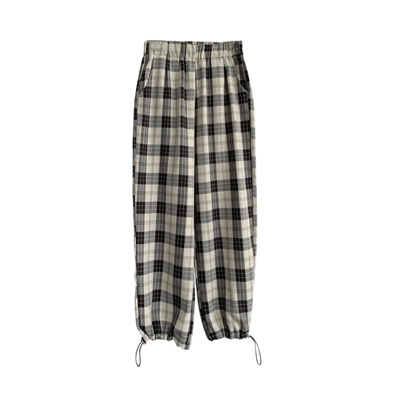 

Europe and the United States street high waist loose slim plaid toe pants hanging wide leg casual pants