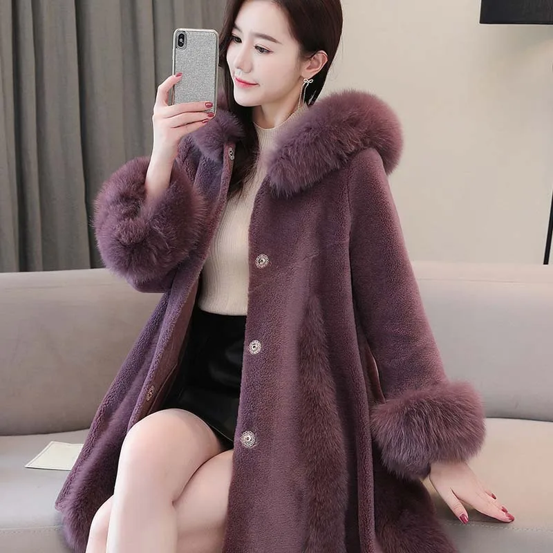 Stunning Grape Real Sheep Fur Coats Hooded Slim Cashmere Middle Length Fox Hair Collar A-line Winter Warm Elegant Women Overcoat