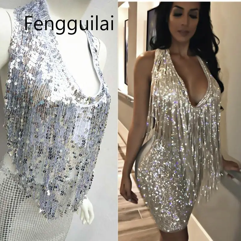 

FENGGUILI S Curve Fringe 2 Piece Set Handmade V Neck Rhinestone Top Two Piece Summer Mini Dress Silver Sequin Dress