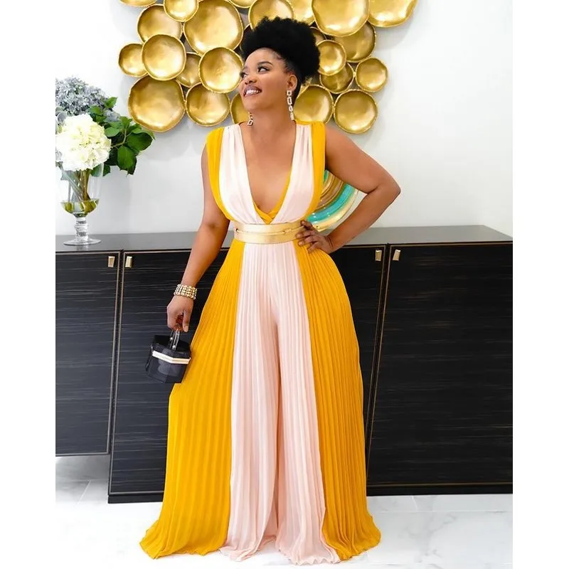 

African Dresses For Women 2021 New Ladies Dashiki Print V-Neck Wide-Legged Trousers Fashion Casual Robe Africaine Jumpsuit