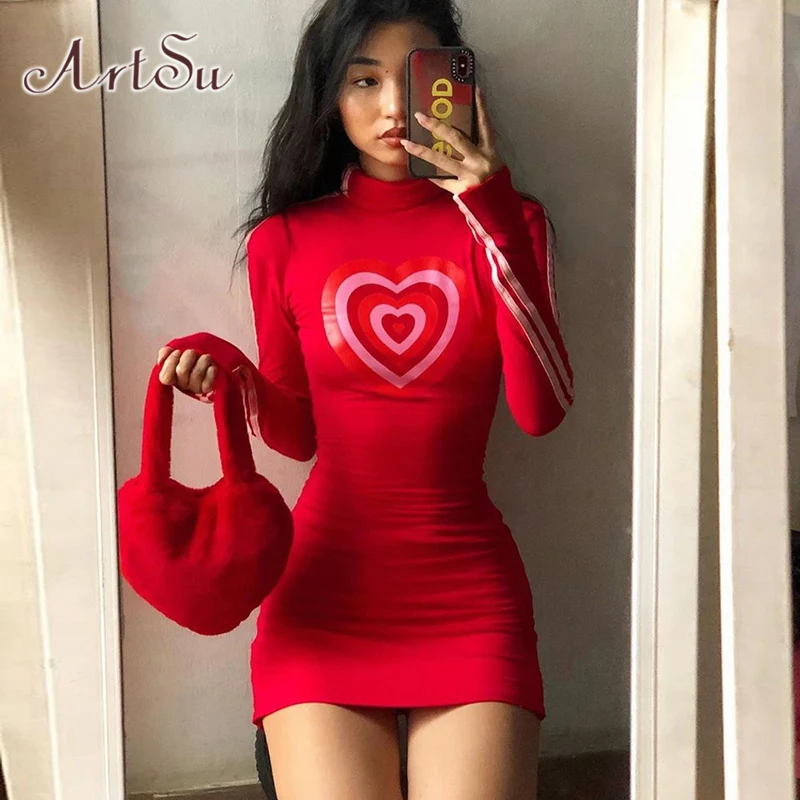 Арцу сердце Водолазка с длинным рукавом карандаш платье Элегантный Bodycon красный повседневное Мини Короткие платья дамы розовый уличная одежда ASDR22517