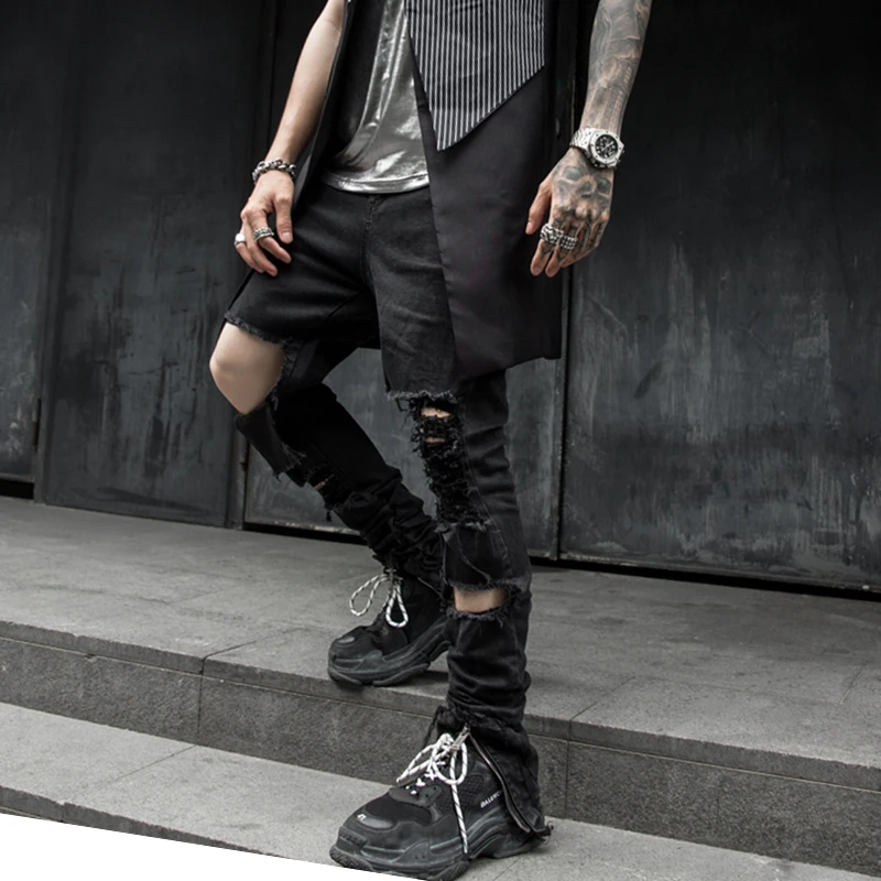Рваные обтягивающие рваные джинсы мужские джинсовые брюки уличная хип хоп