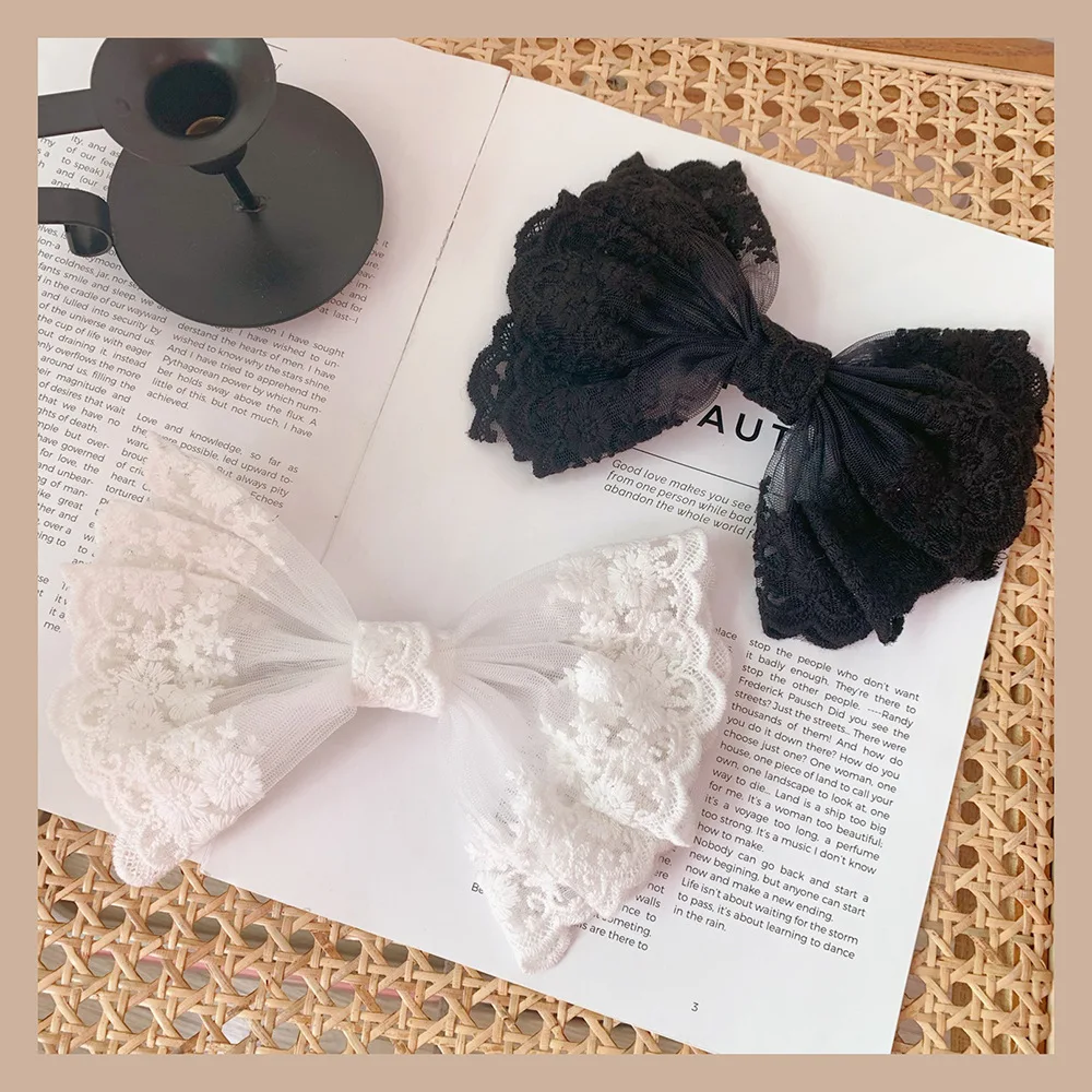 Цвет: белый черный с кружевом заколки бантики для волос ручной работы ткань