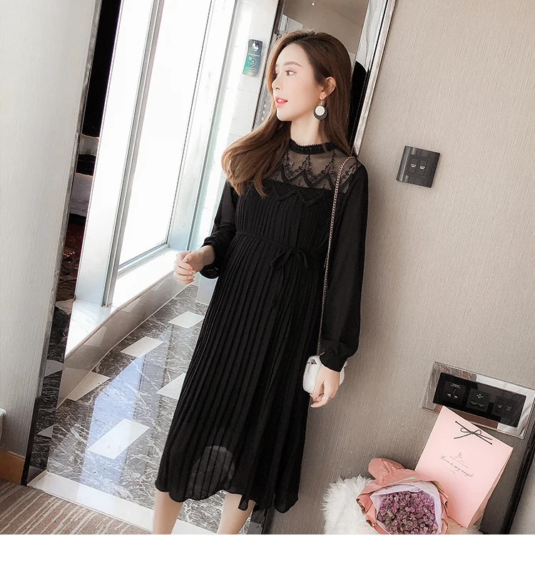 Envsoll Spring Autumn Maternity Dress Mom Long-sleeved Lace Pleated Chiffon Dress Maternity Clothes For Pregnant Women
