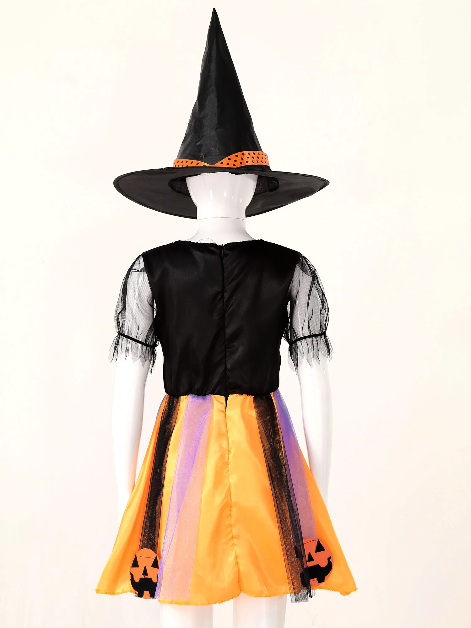Vestido de Cosplay de bruja de Halloween para ni&ntilde;os y ni&ntilde;as, traje de juego de rol con aplicaci&oacute;n de calabaza, malla con varita m&aacute;gica y sombreros, color negro y naranja-3
