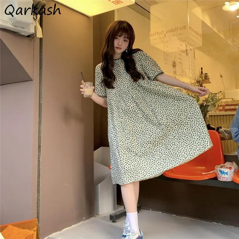 

Short Sleeve Dress Women Print Loose Preppy Summer Sundress O-Neck Vintage Daily Vestido College Lovely Bandage Design Ulzzang
