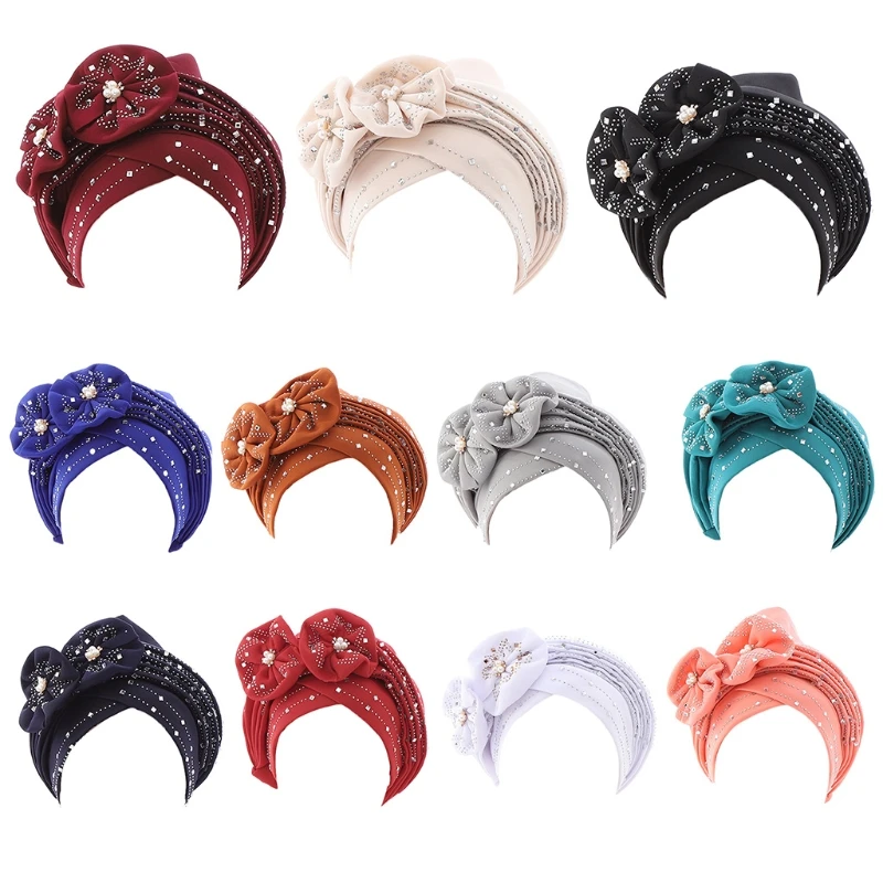 

L5YA Women Turban with Flower Decoration Twist Head Wrap Beanie Perfect for Long/Short Hair Elastic Turban Beanie