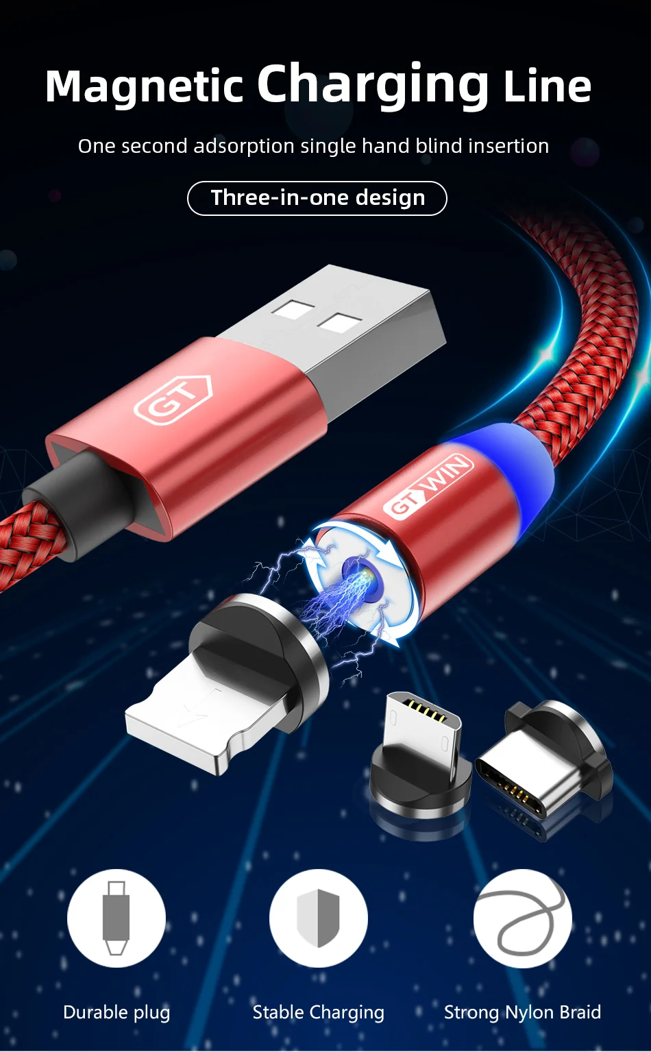 Магнитный Micro USB кабель GTWIN 2 м/3 м для iPhone xr Android, быстрая зарядка, Магнитный адаптер usb type C