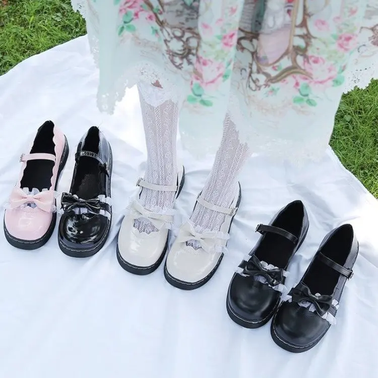 Kawaii/женские туфли на низком каблуке с круглым носком и кружевным бантом удобная