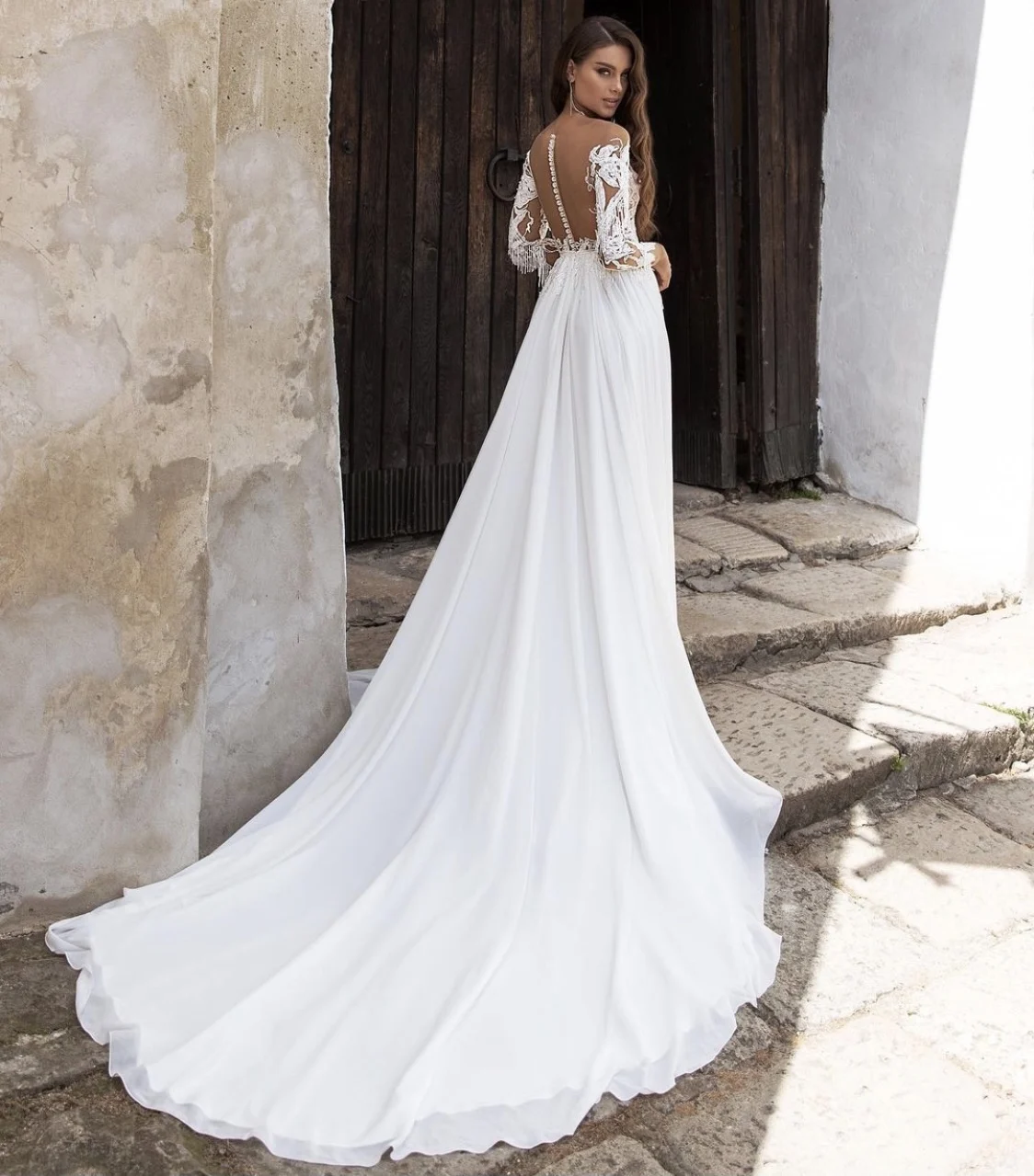 Wedding Dress A-Line Full Sleeve Sheer Neck Lace Appliques Sequined Tassel Backless Button Floor Length Sweep Train Bride Gown