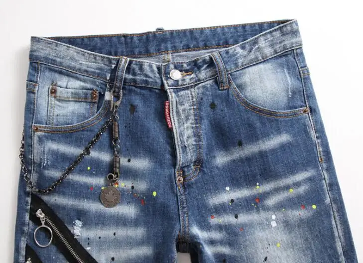 mens jesns washed lacquer cat-whisker slim stretch jeans European and American small feet trendy beggar pants trendy pants