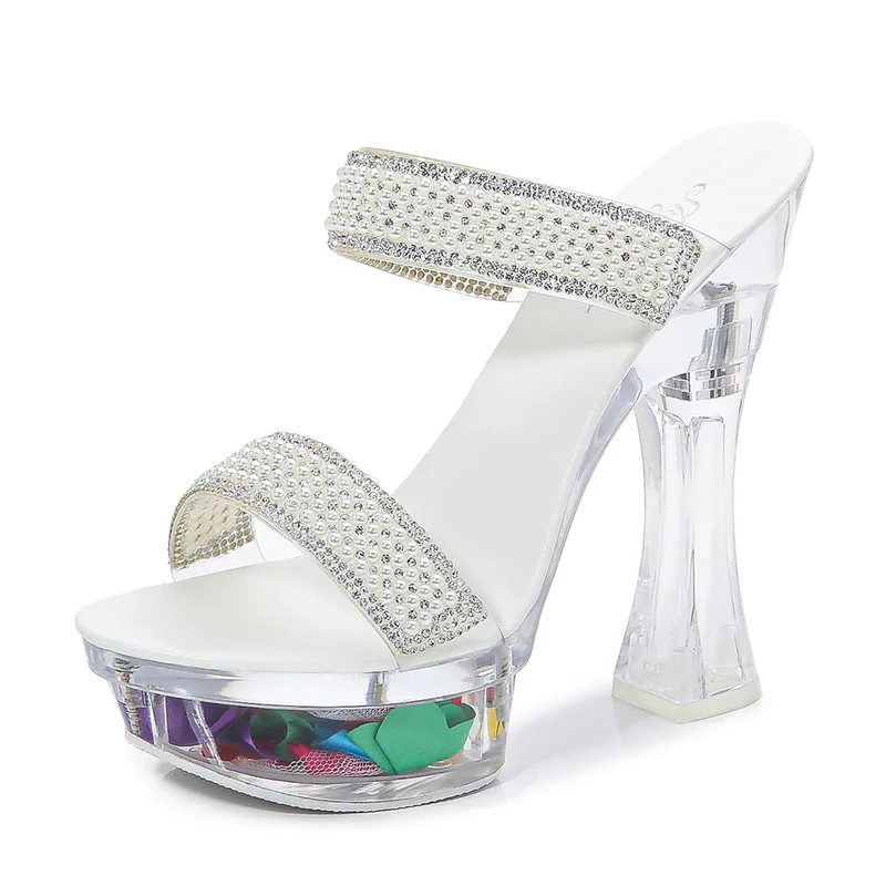

14cm thick heel super high heel sandals sexy rhinestone waterproof platform transparent heel crystal word belt