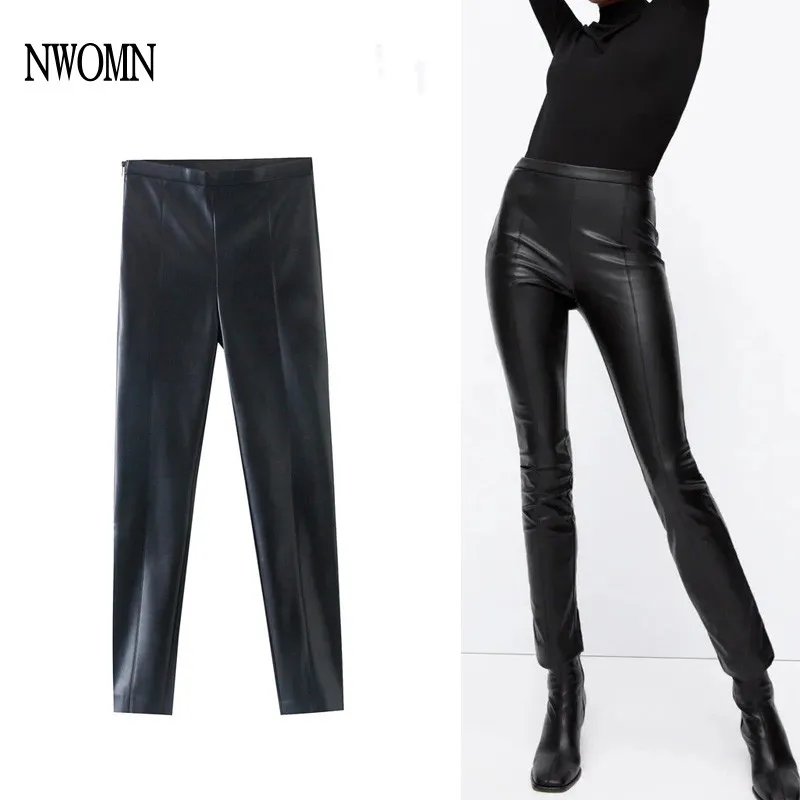 

NWOMN Za Women 2021 Autumn Leather Pants Fashion High Waist PU Trousers Slim High Waist Elastic Black Pencil Pants Streetwear
