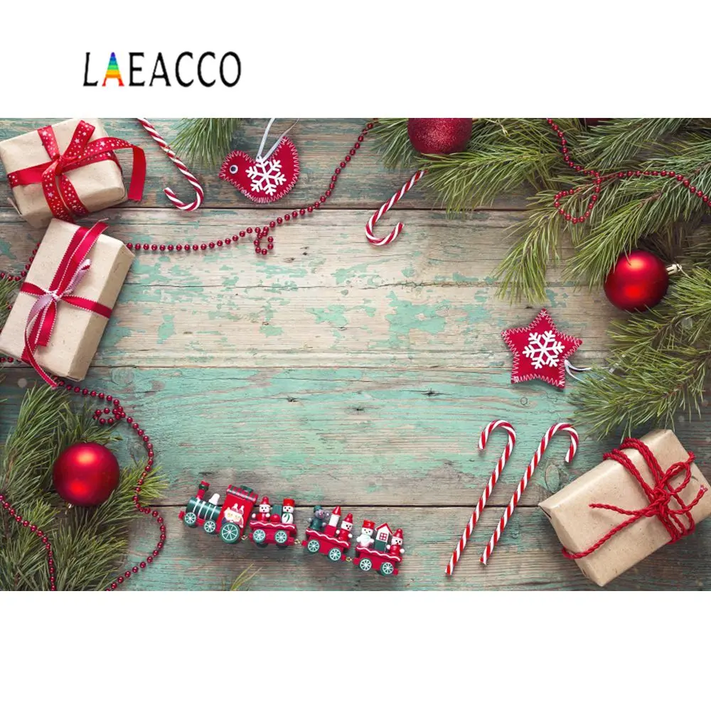 Laeacco Рождественские фоны сосна подарок шар детские игрушки конфеты бар деревянная доска Портрет фон фотосессия Фотостудия