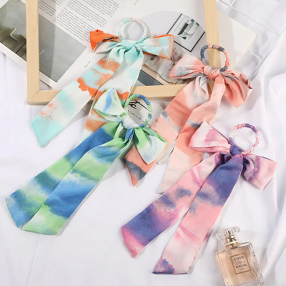 

New Women Girls Elegant Printing And Dyeing Knot Ribbon Simple Soft Elastic Hair Bands Scrunchies Rubber Band Headband