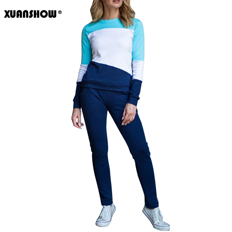 XUANSHOW спортивный костюм женский Новое поступление Осень зима сращивание Длинный рукав Толстовка и длинные брюки Набор из двух частей