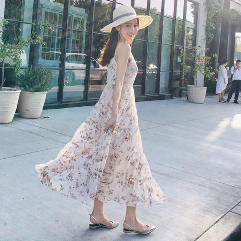 

One Piece Dress Korean 2021 Summer Elegant Sweet Midi Dress Women Casual Beach Floral Strap Dress Female Evening Party Design