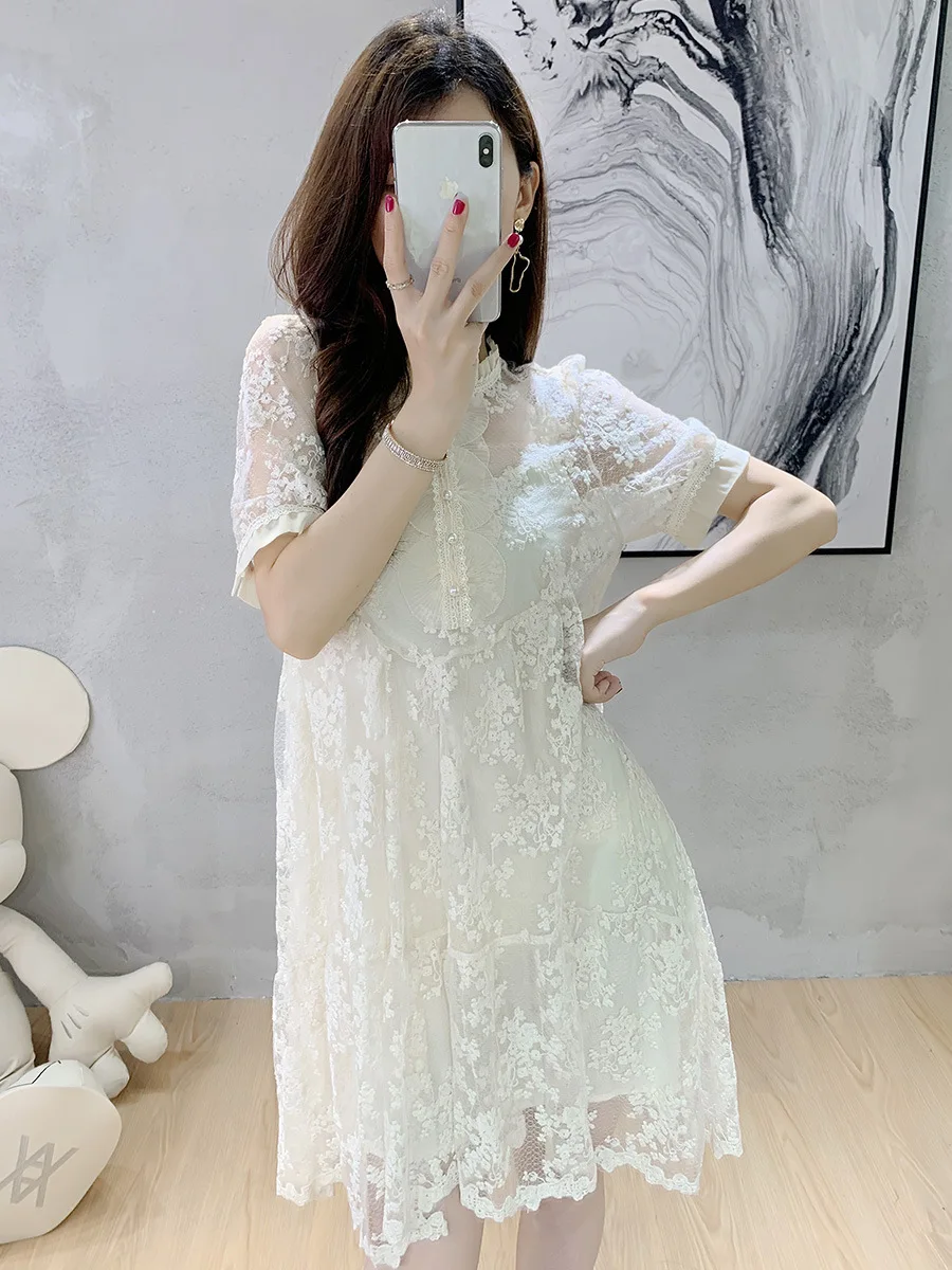 

2021 Summer Elegant Temperament Perspective Boutique Women Short Sleeves Loose Plus Size Floral Embroidered Mesh Dress