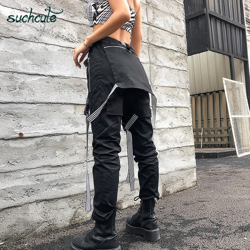 SUCHCUTE черные женские брюки в клетку готический панк-рок корейский стиль брюки женские джоггеры Harajuku 5xl мешковатые бриджи