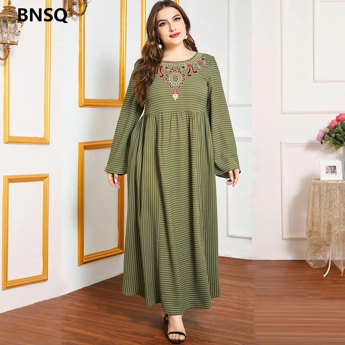 

Elegant Embroidery Dubai Stripe Print Elegant Women Dress Fashion Muslim Abaya Robe Islam Long Dress Femme Vestiods 9656