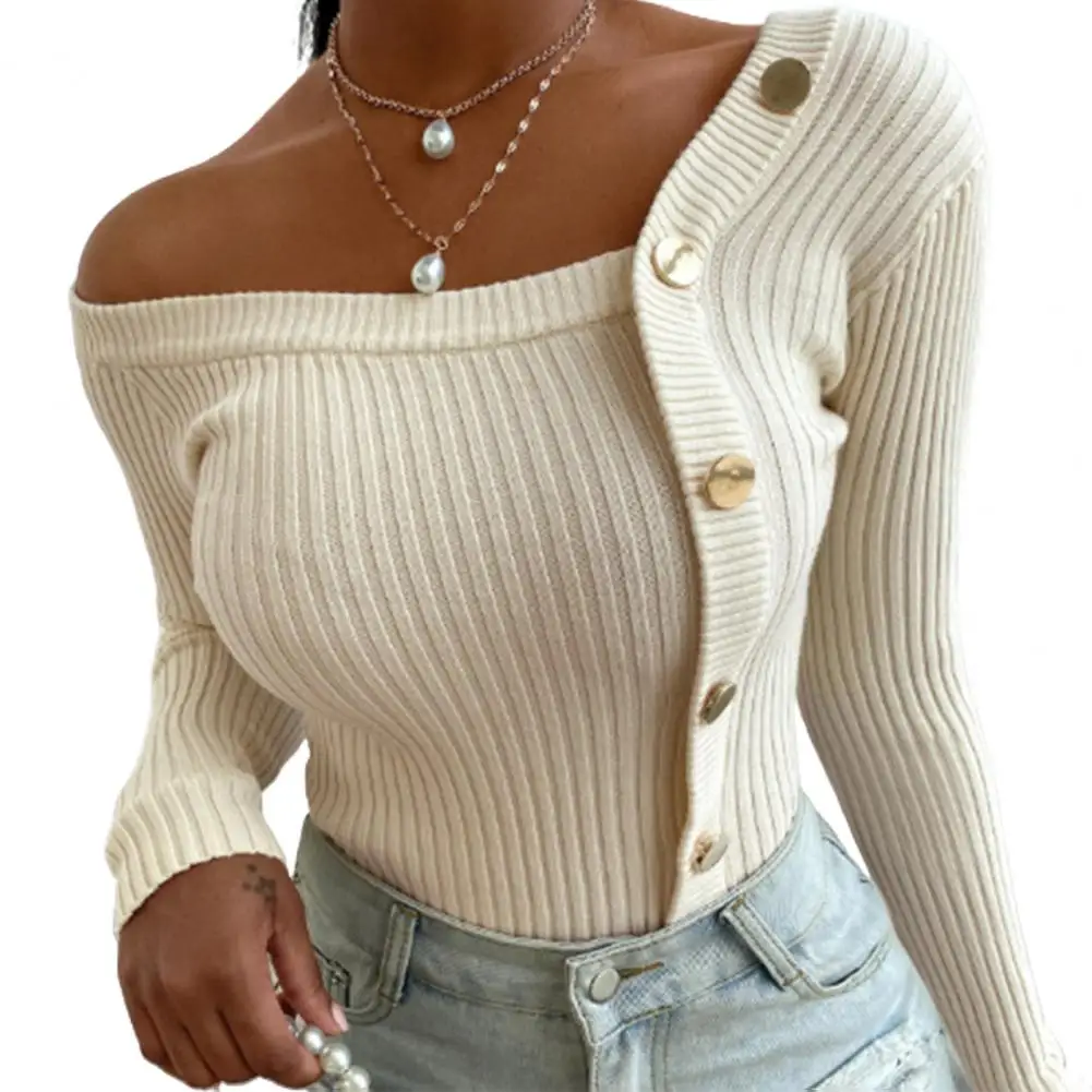 

80% New Arrival Fashion Women Autumn Blouse One Shoulder Ribbed Buttons Jumper Slim Knit Sweater