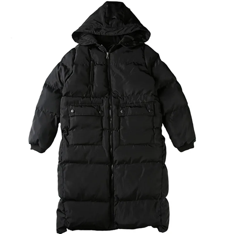 

Korean Boyfrend Oversize Lovers Down Jacket Mens Long Coat Pockets Hooded Jacket Thicken Cotton Lining Winter Parka Overcoats