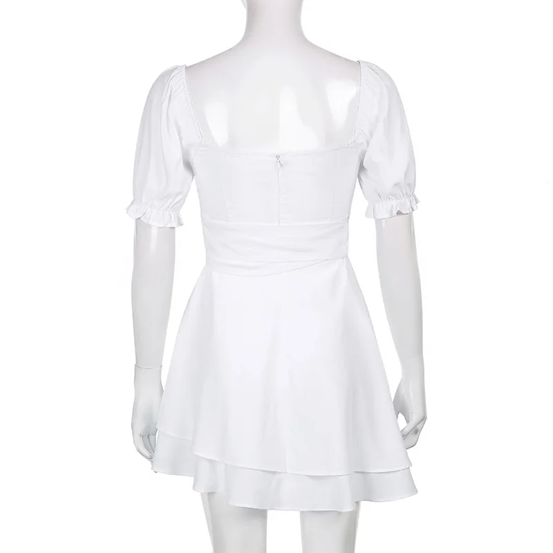 

Summer Vintage Elegant Chic White Multicolor Puff Sleeve Square Collar Ruched Up Belt Double Layer Slim A-Line Sexy Mini Dress