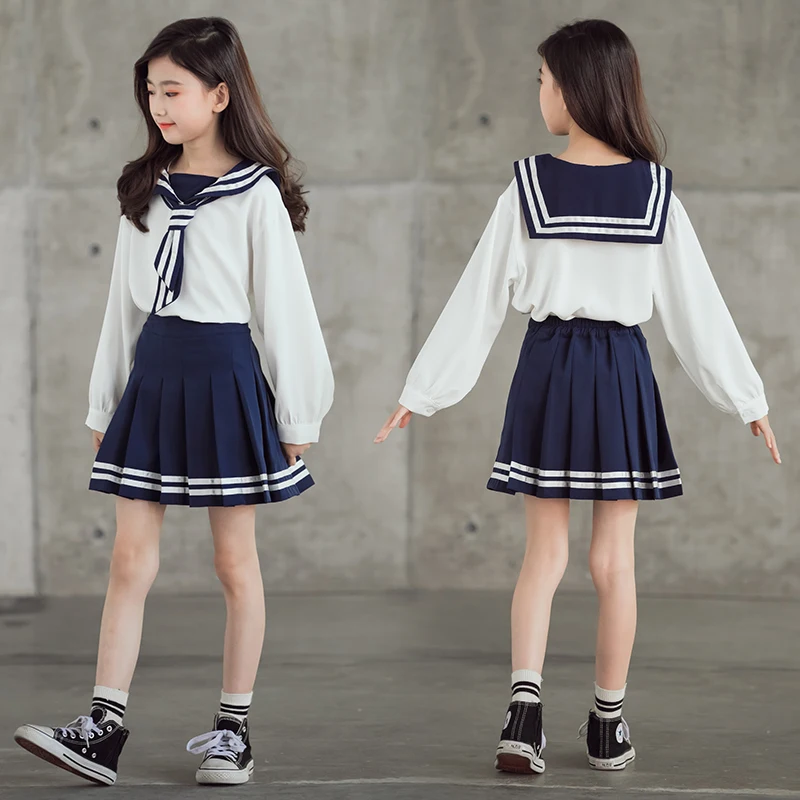 

Suit for Girls 2021 Pleated Skirt + Long Sleeve Blouse Spring Summer Outerwear For Girls School Uniform Fashion 3-8 8-14 Years