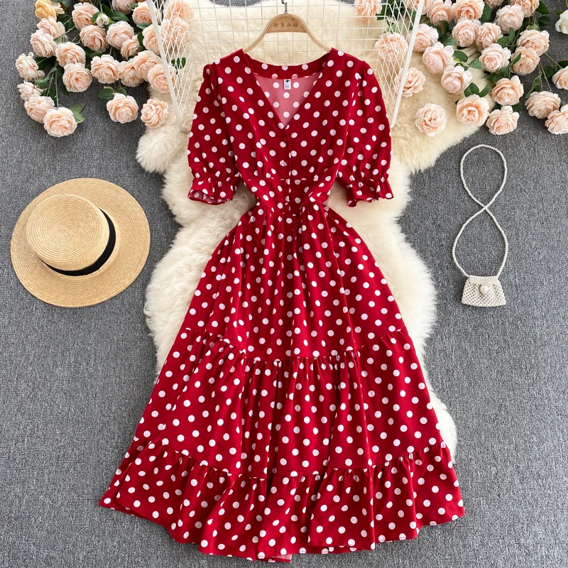 

French Red Ruffles Summer Korean Dot Dress Buttons Short Sleeve Party Dress Women Casual V-neck Slim Sweet Polka Holiday Dresses