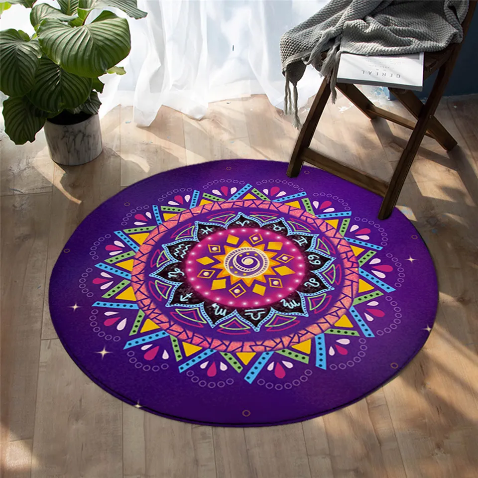 Zodiac Mandala by Lionhearts Bedroom Carpets Purple Round Area Rug for Living Room Bohemian Floor Flower Play Mat 150cm | Дом и сад