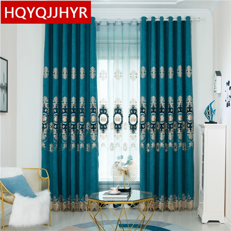 

HQYQJJHYR European Blue Thick Chenille Velvet Golden Embroidered Blackout Villa Living Room Bedroom Kitchen Curtains
