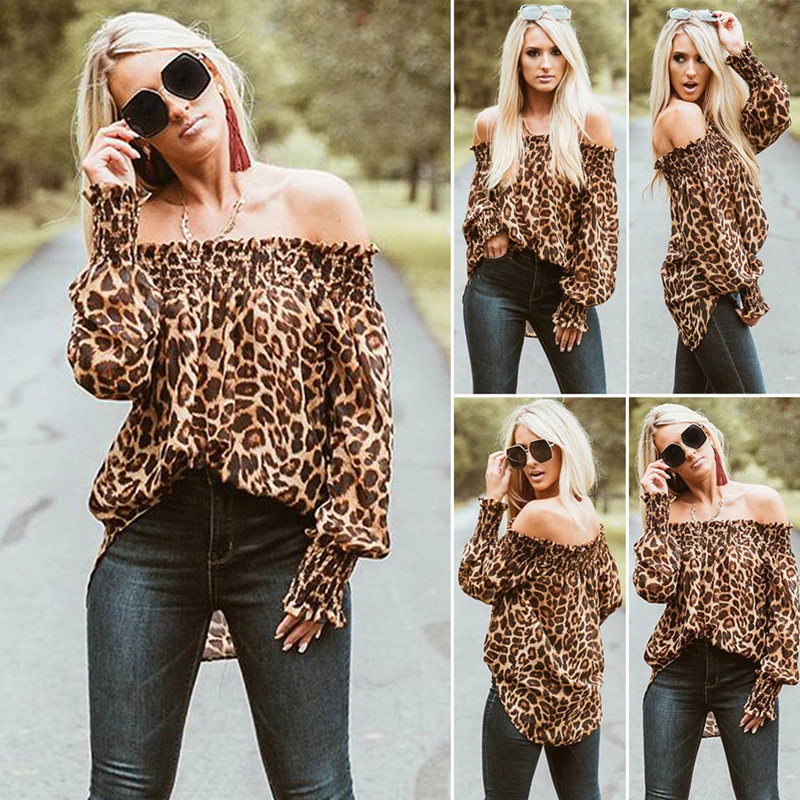

Autumn Women Elegant Leopard Tops And Blouses Off Shoulder Shirts Office Lady Print Modern Lady High Street Shirts